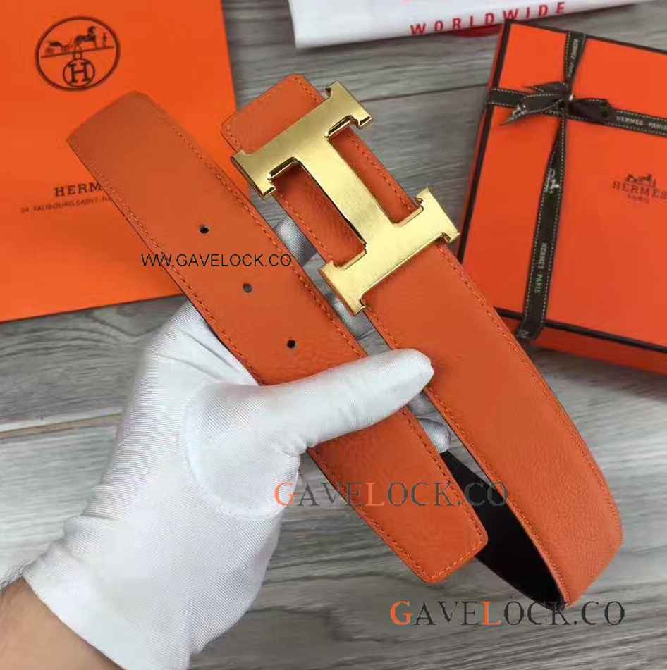 Knockoff Hermes Belt - Orange&Black Double Sided Leather Strap